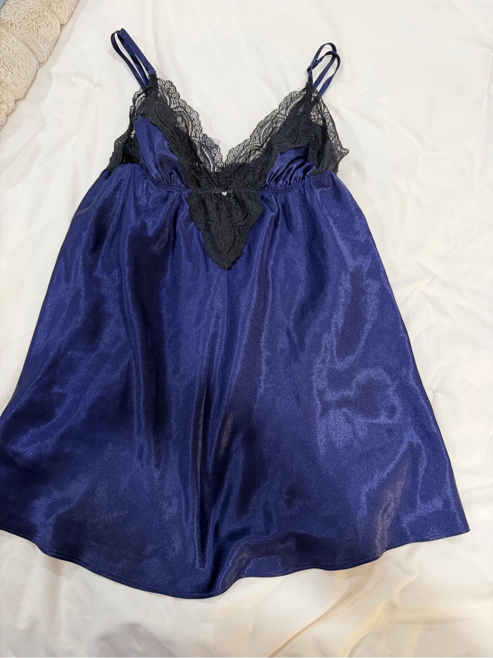 Victoria's Secret Navy Satin Chemise with Black Lace Trim